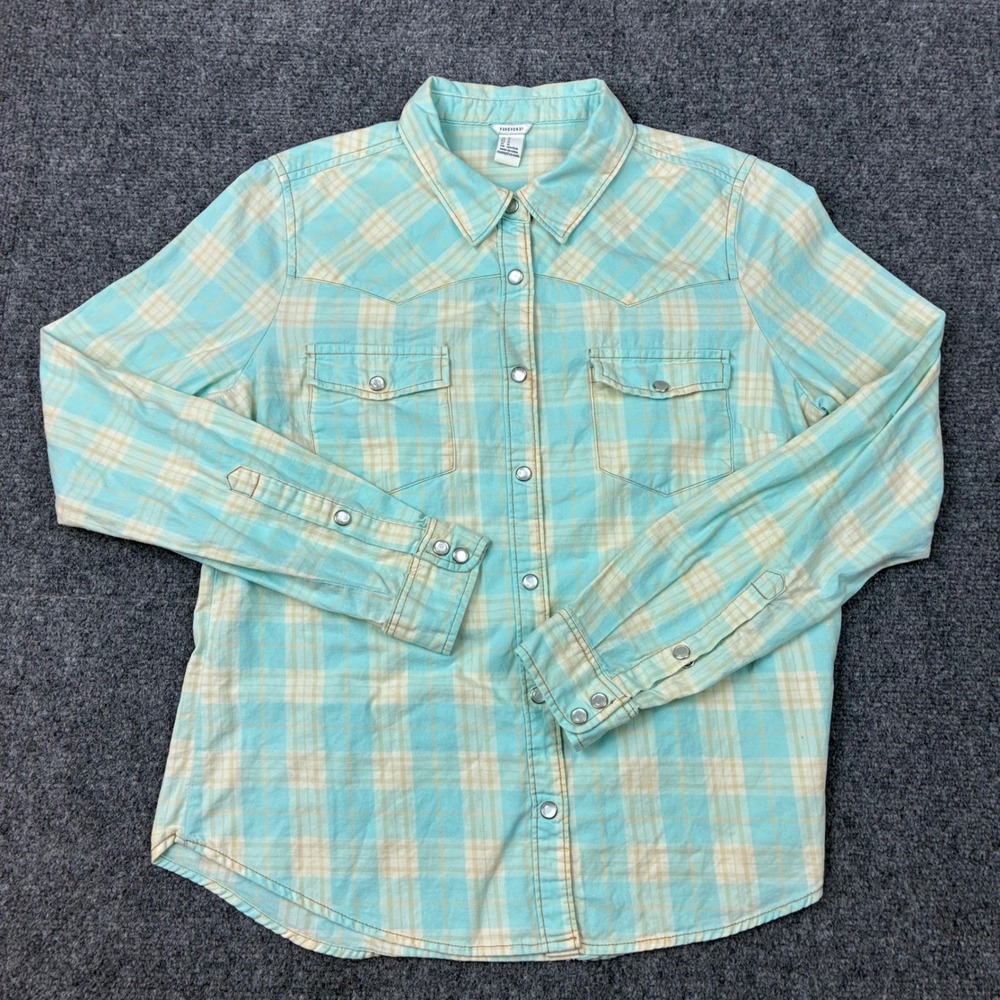 Forever 21 Womens Blue Plaid Western Snap Button Down Shirt Size Medium